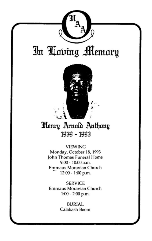 Funeral Booklet for Henry Arnold Anthony - Page 1