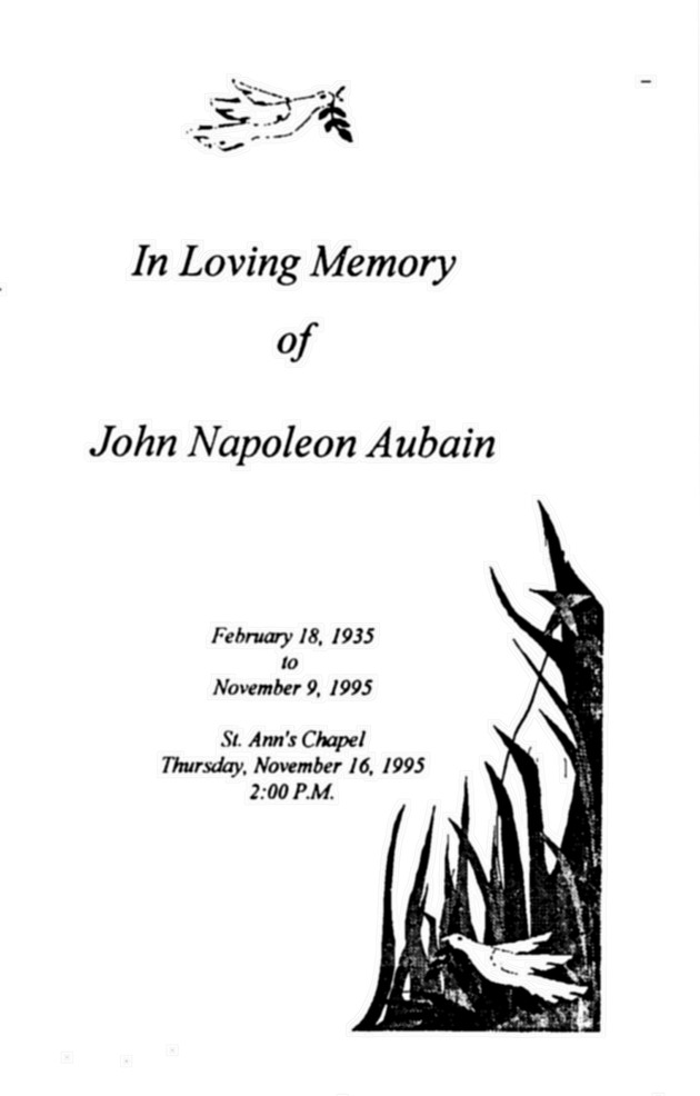 Funeral Booklet for John Napoleon Aubain - Page 1