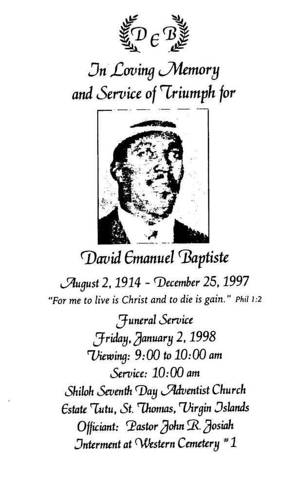 Funeral Booklet for David Emanuel Baptiste - Page 1