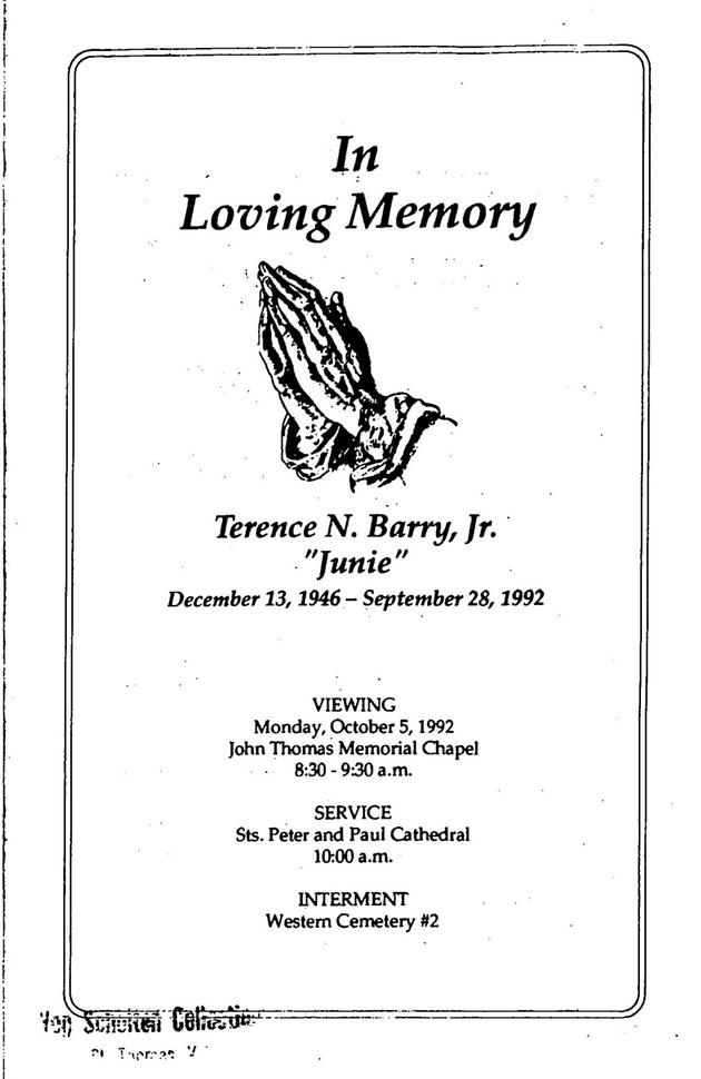 Funeral Booklet for Terence Barry, Jr. - Page 1