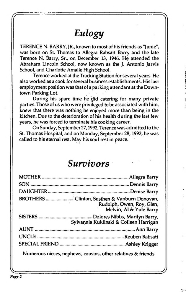 Funeral Booklet for Terence Barry, Jr. - Page 2