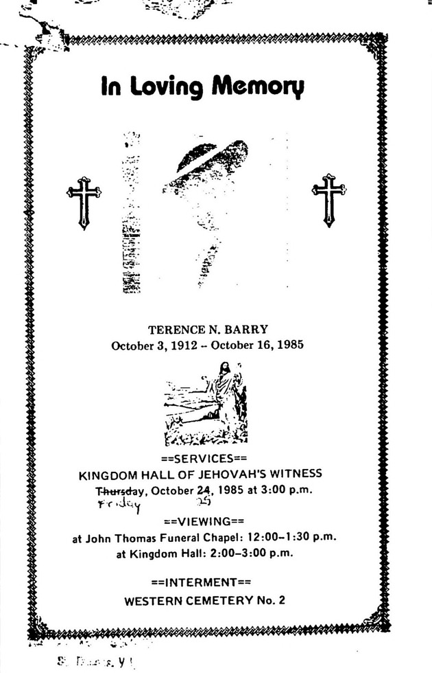 Funeral Booklet for Terence N. Barry - Page 1