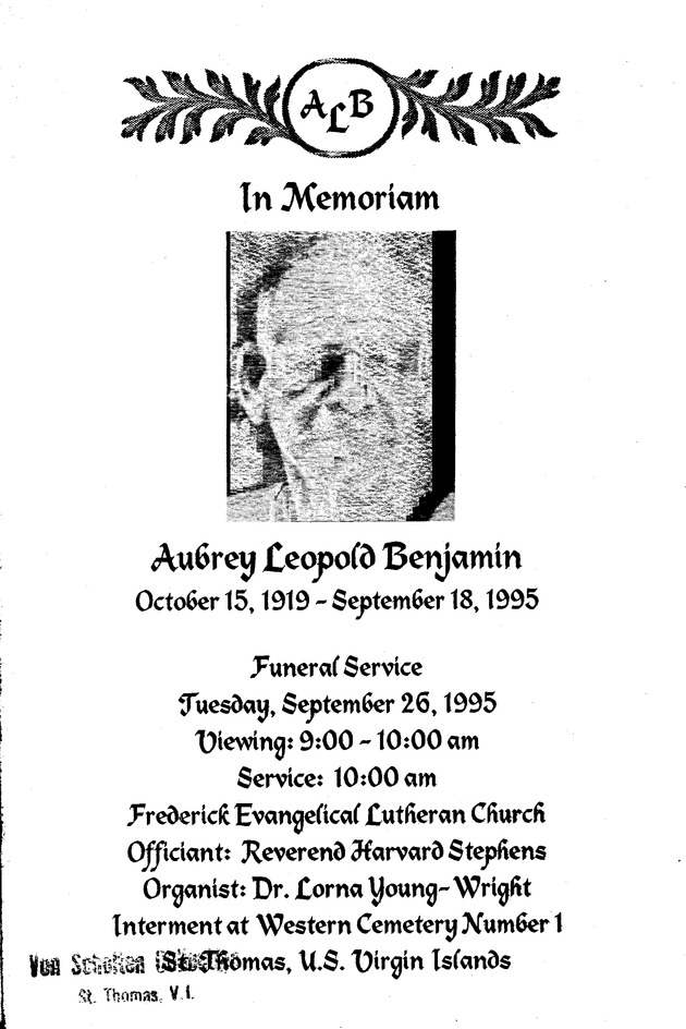 Funeral Booklet for Aubrey Leopold Benjamin - Page 1