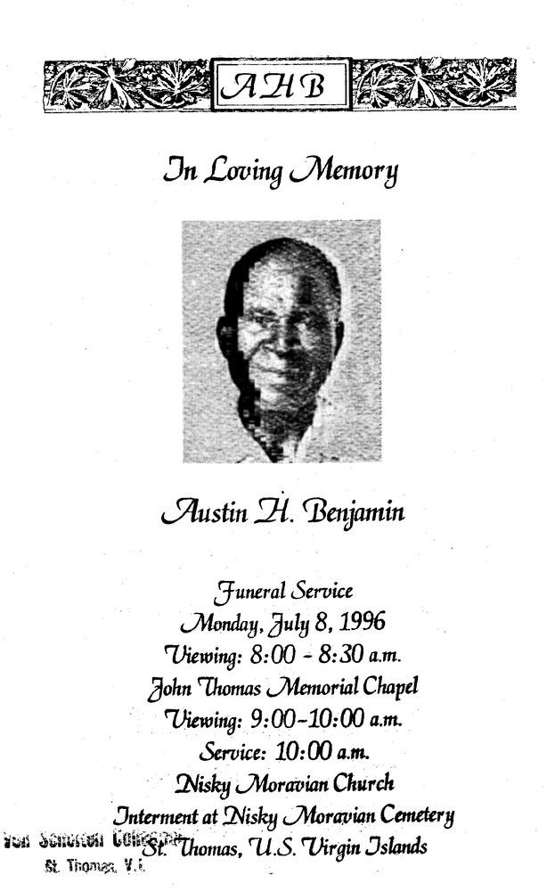 Funeral Booklet for Austin H Benjamin - Page 1