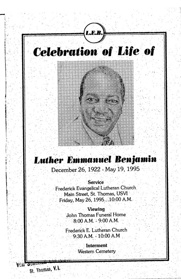 Funeral Booklet for Luther Emanuel Benjamin - Page 1