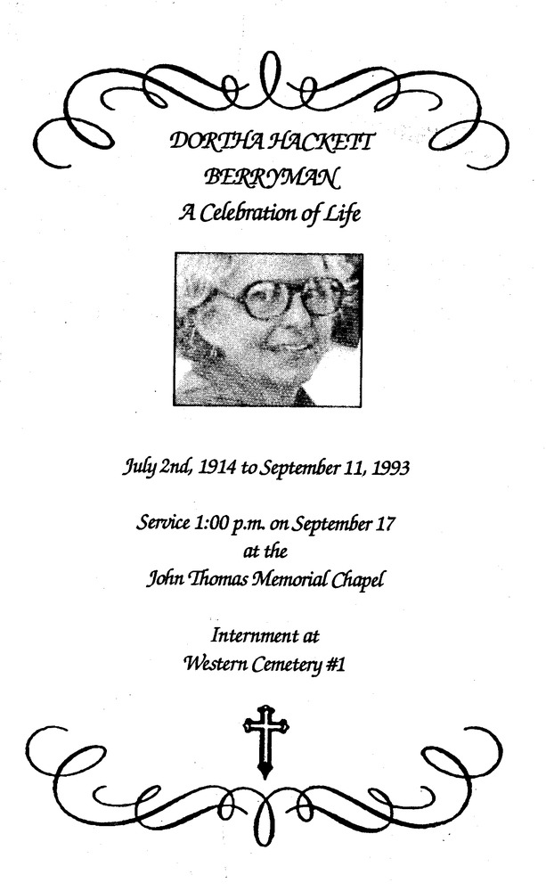 Funeral Booklet for Dortha Hackett Berryman - Page 1