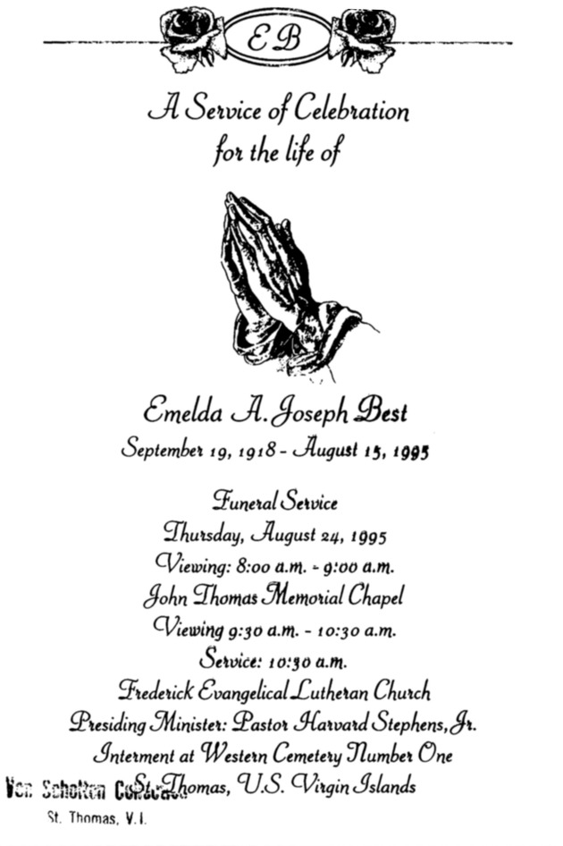 Funeral Booklet for Emelda A Joseph Best - Page 1