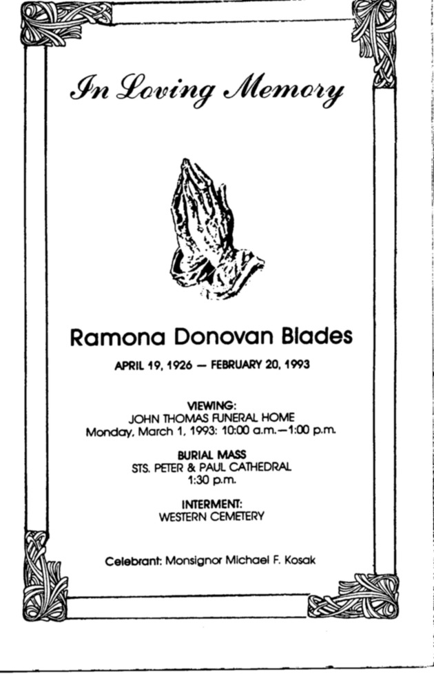 Funeral Booklet for Ramona Donovan Blades - Page 1