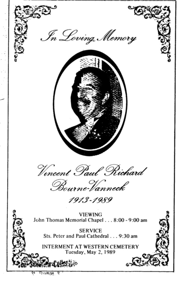 Funeral Booklet for Vincent Paul Richard Bourne-Vanneck - Page 1