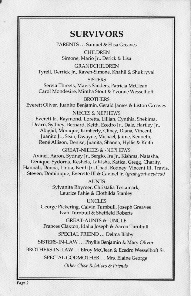 Funeral Booklet for Mario A. Greaves - Page 2