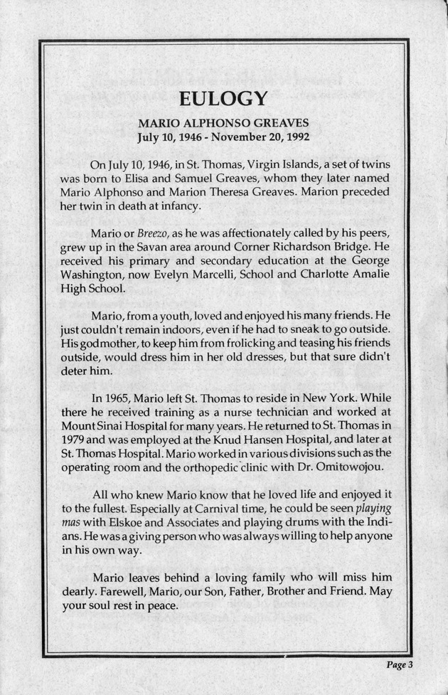 Funeral Booklet for Mario A. Greaves - Page 3