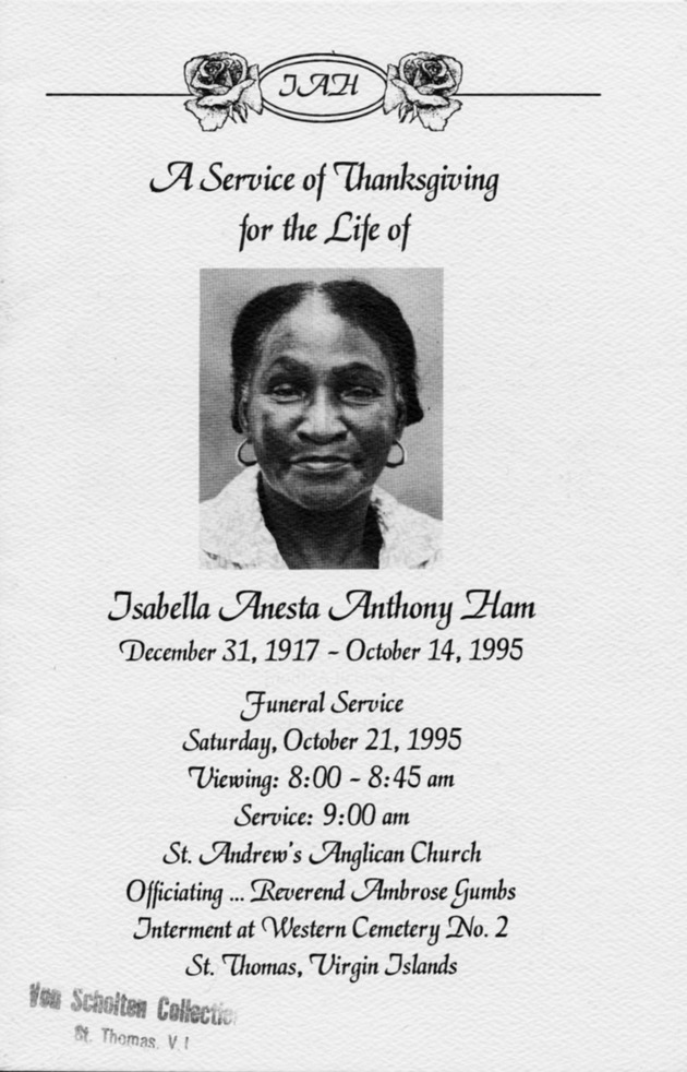 Funeral Booklet for Isabella Anesta Anthony Ham - Page 1