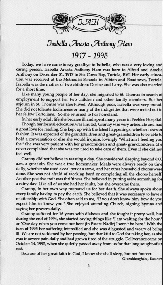 Funeral Booklet for Isabella Anesta Anthony Ham - Page 3