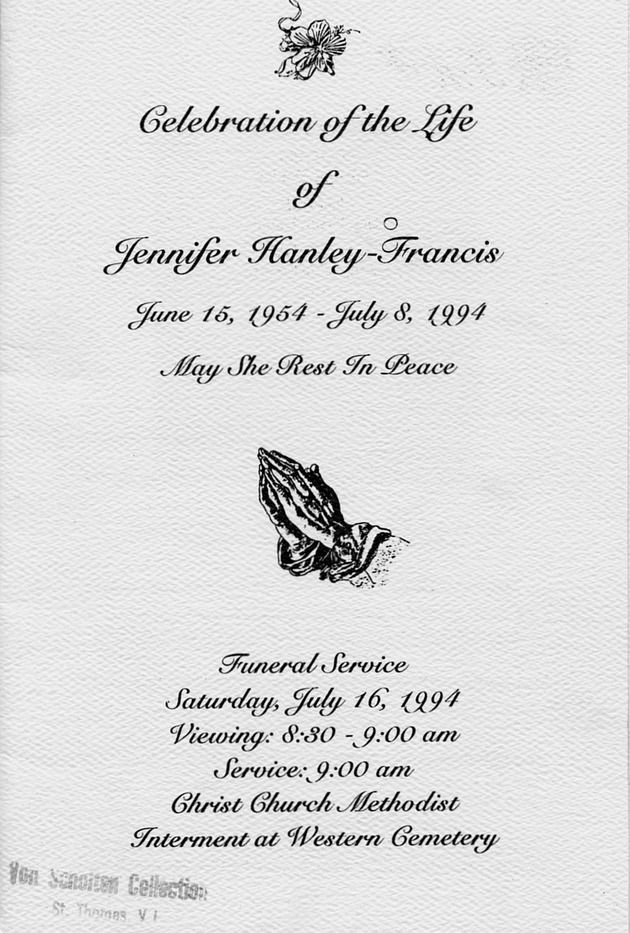 Funeral Booklet for Francis Jennifer Hanley - Page 1