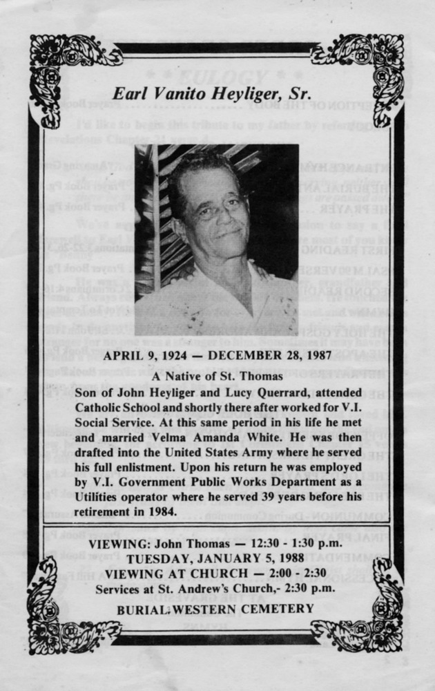 Funeral Booklet for Earl Vanito Heyliger, Sr. - Page 1