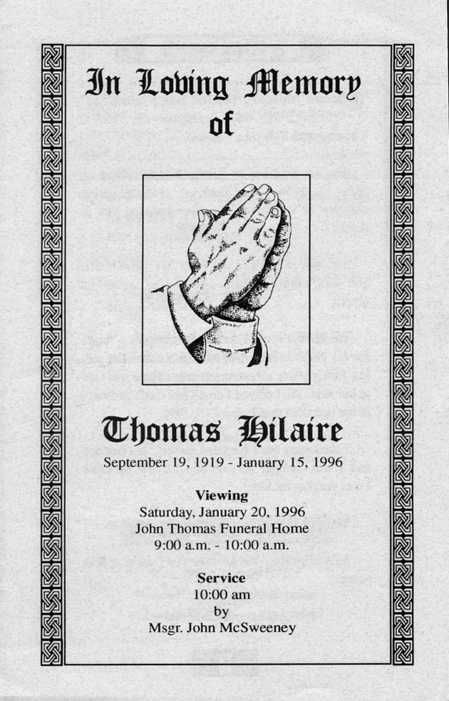 Funeral Booklet for Thomas Hilaire - Page 1