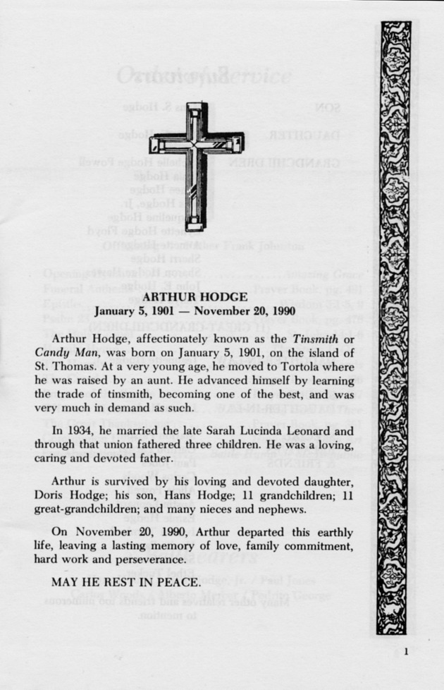 Funeral Booklet for Arthur Hodge - Page 1