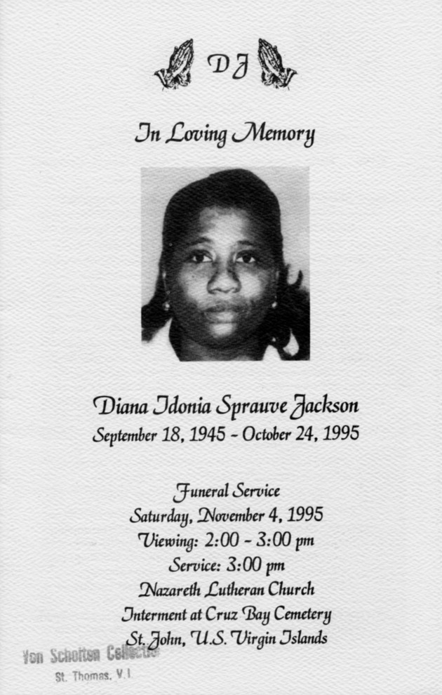 Funeral Booklet for Diana Idonia Sprauve Jackson - Page 1