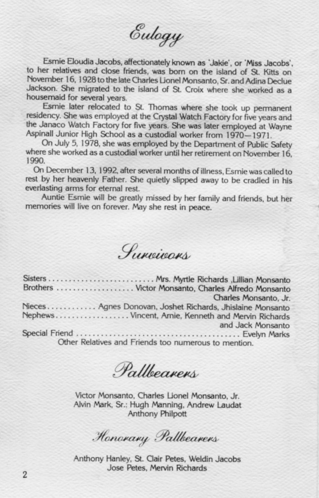 Funeral Booklet for Esmie Eloudia Jacobs - Page 2