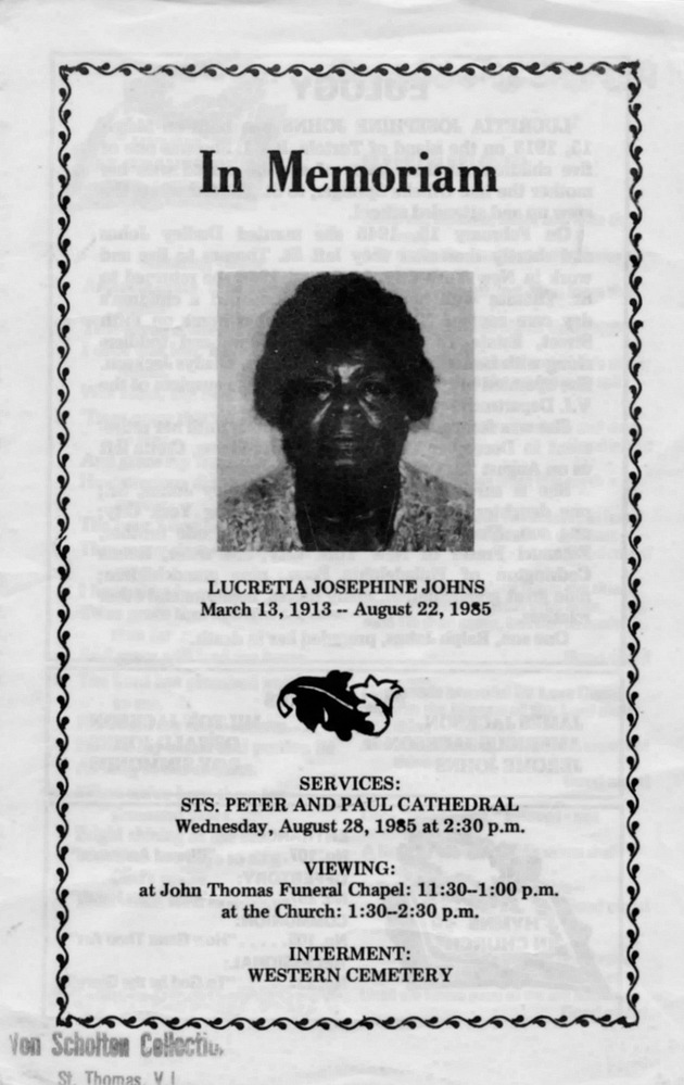 Funeral Booklet for Lucretia Josephine Johns - Page 1