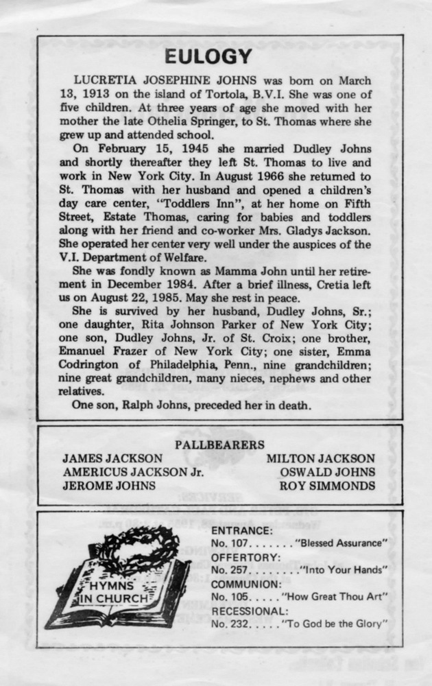 Funeral Booklet for Lucretia Josephine Johns - Page 2