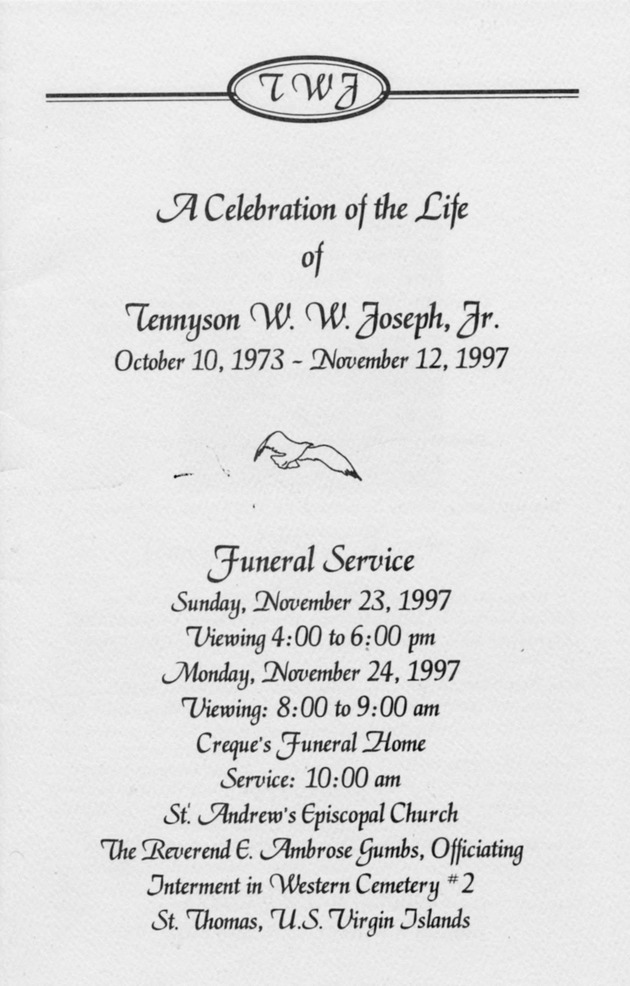 Funeral Booklet for Tennyson W. W. Joseph ,Jr. - Page 1