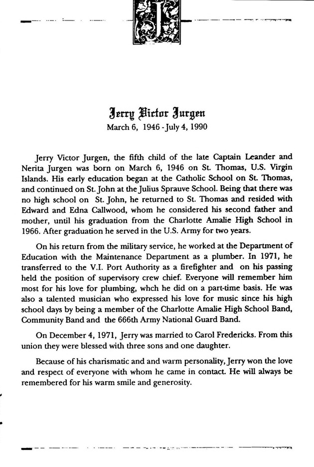 Funeral Booklet for Jerry Victory Jurgen - Page 1