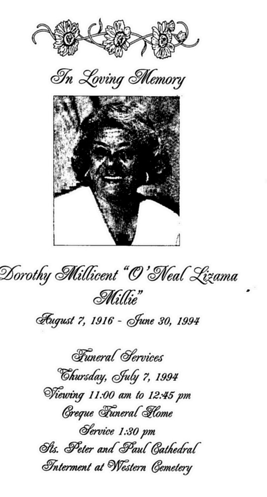 Funeral Booklet for Dorothy Millicent ONeal Lizama - Page 1