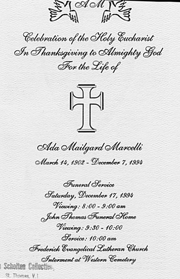 Funeral Booklet for Ada Mailgard Marcelli - Page 1