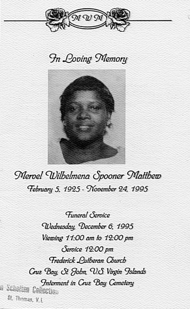 Funeral Booklet for Mervel Wilhelmena Spooner Matthew - Page 1