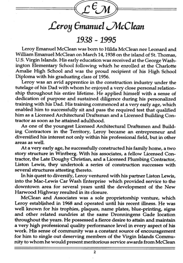 Funeral Booklet for Leroy Emanuel McClean - Page 2