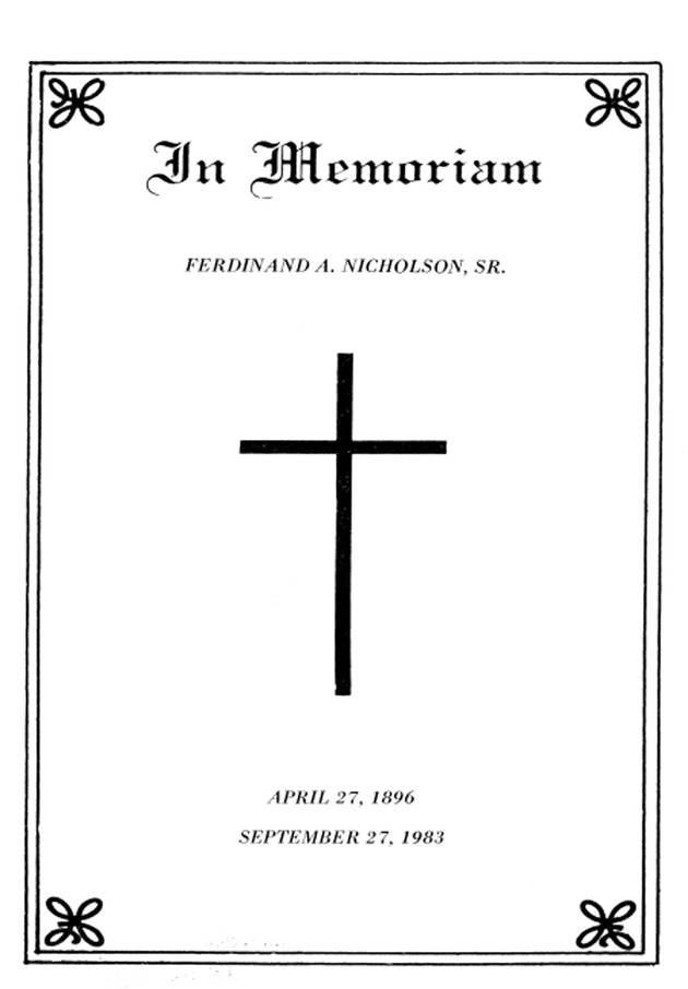 Funeral Booklet for Ferdinand A. Nicholson, Sr. - Page 1