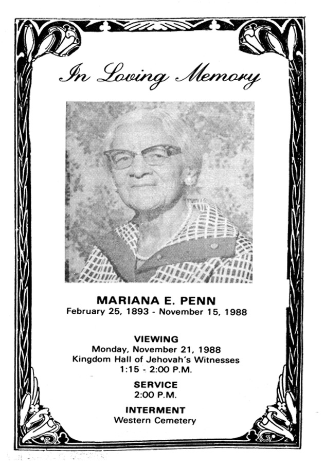 Funeral Booklet for Mariana E. Penn - Page 1