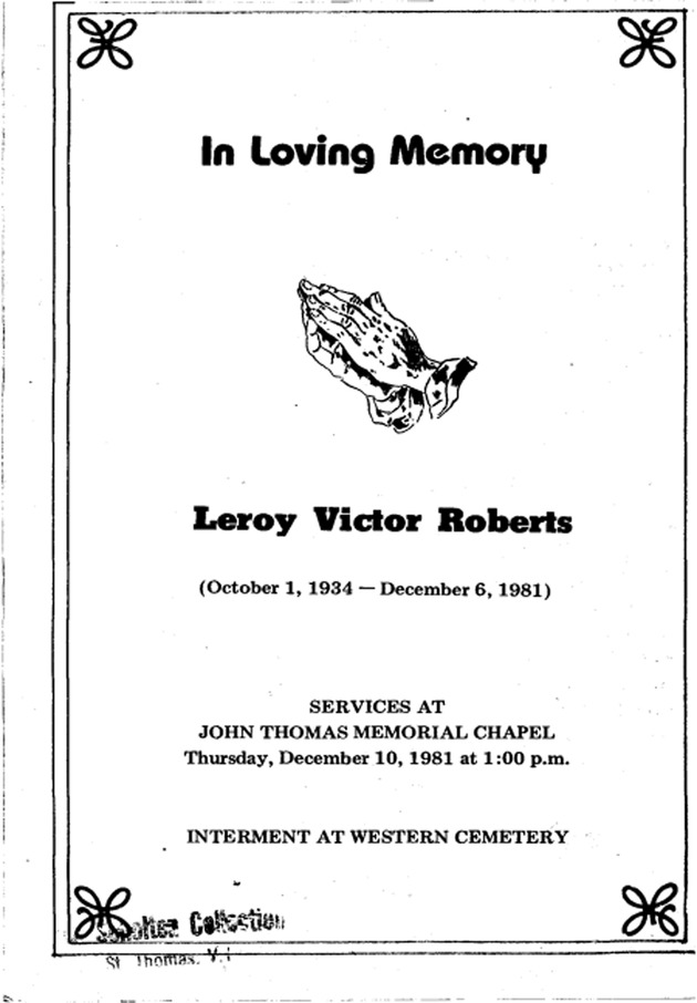 Funeral Booklet for Leroy Victor Roberts - Page 1