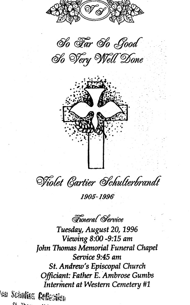 Funeral Booklet for Violet Cartier Schulterbrandt - Page 1