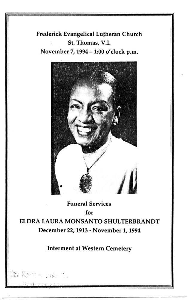 Funeral Booklet for Eldra Laura Monsnto Shulterbrandt - Page 1