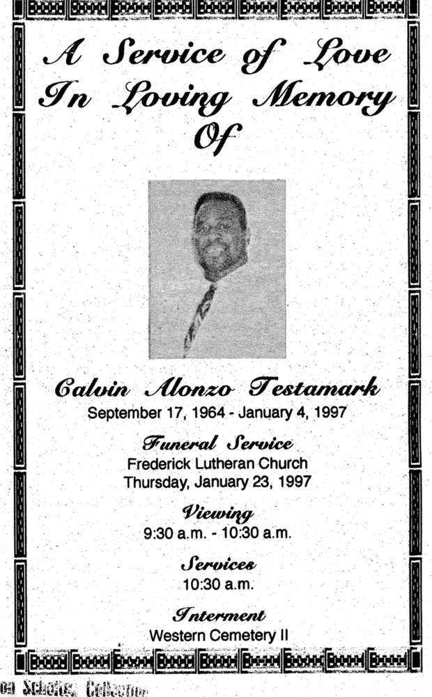 Funeral Booklet for Calvin Alonzo Testamark - Page 1