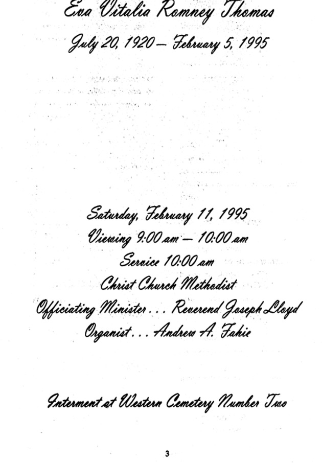 Funeral Booklet for Eva Vitalia Romney Thomas - Page 1