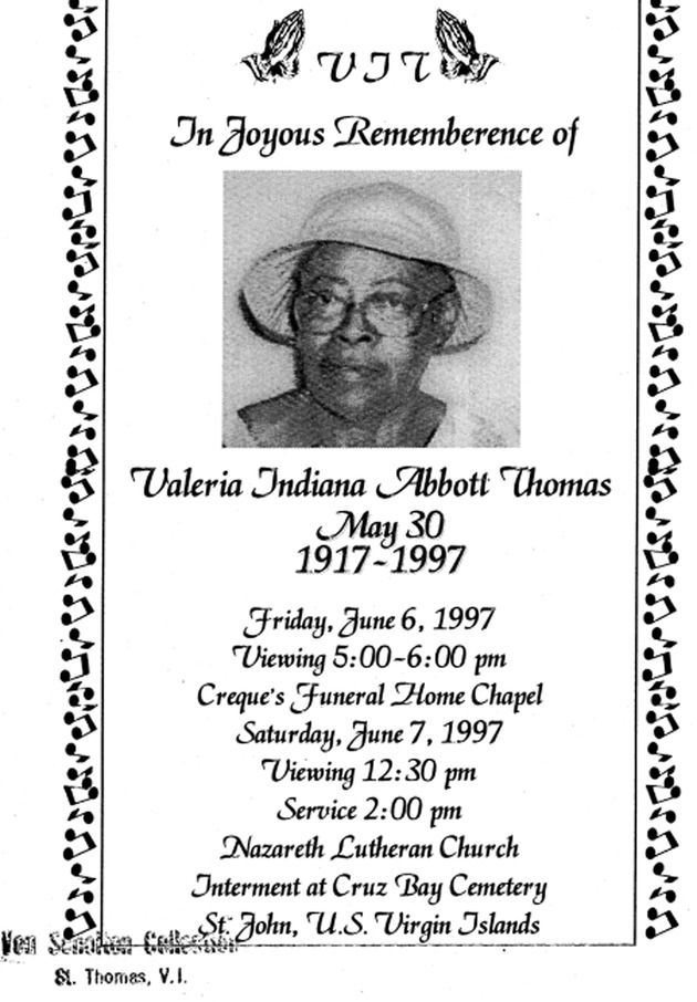 Funeral Booklet for Valeria Indiana Abbott Thomas - Page 1