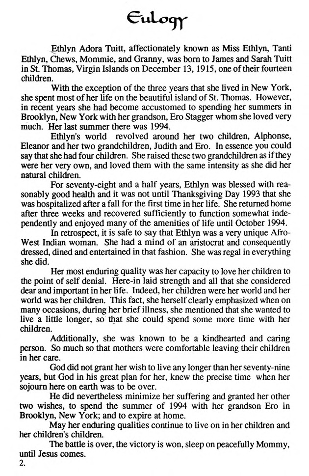 Funeral Booklet for Ethlyn Adora Tuitt - Page 2