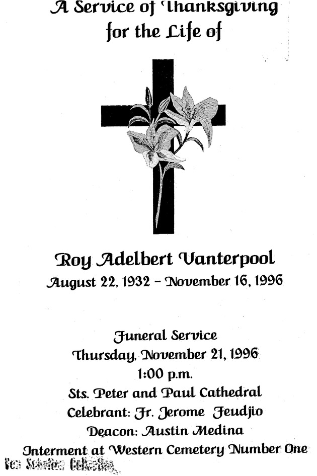 Funeral Booklet for Roy Adelbert Vanterpool - Page 1