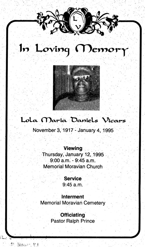 Funeral Booklet for Lola Maria Daniels Vicars - Page 1