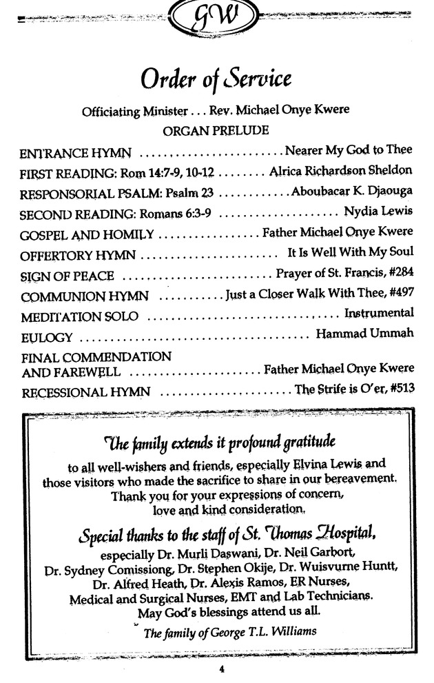 Funeral Booklet for George T. L. Williams - Page 4