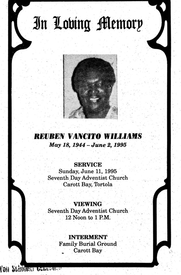 Funeral Booklet for Reuben Vancito Williams - Page 1