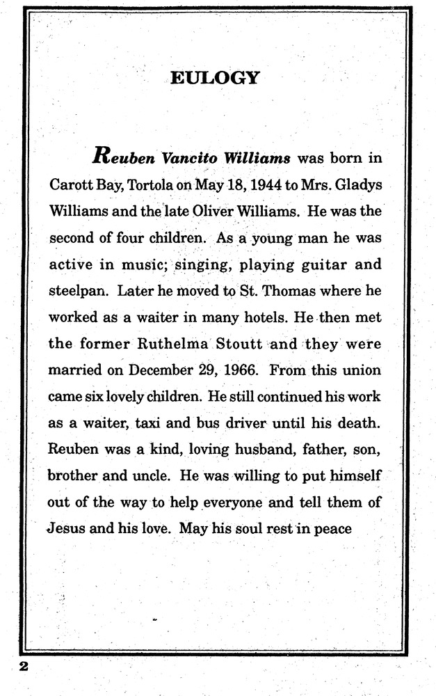 Funeral Booklet for Reuben Vancito Williams - Page 2