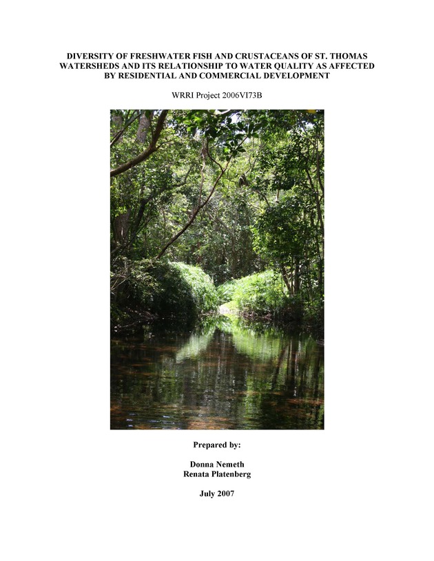 Diversity of freshwater fish and crustaceans of St. Thomas watersheds and its relationship to water quality as affected by residential and commercial development - Page i