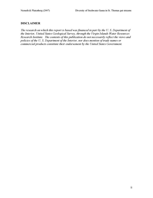 Diversity of freshwater fish and crustaceans of St. Thomas watersheds and its relationship to water quality as affected by residential and commercial development - Page ii