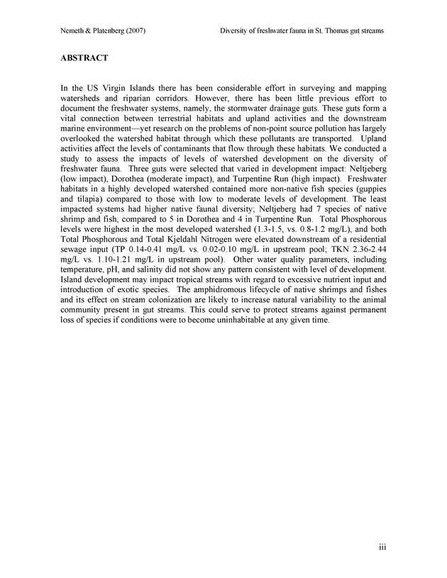 Diversity of freshwater fish and crustaceans of St. Thomas watersheds and its relationship to water quality as affected by residential and commercial development - Page iii