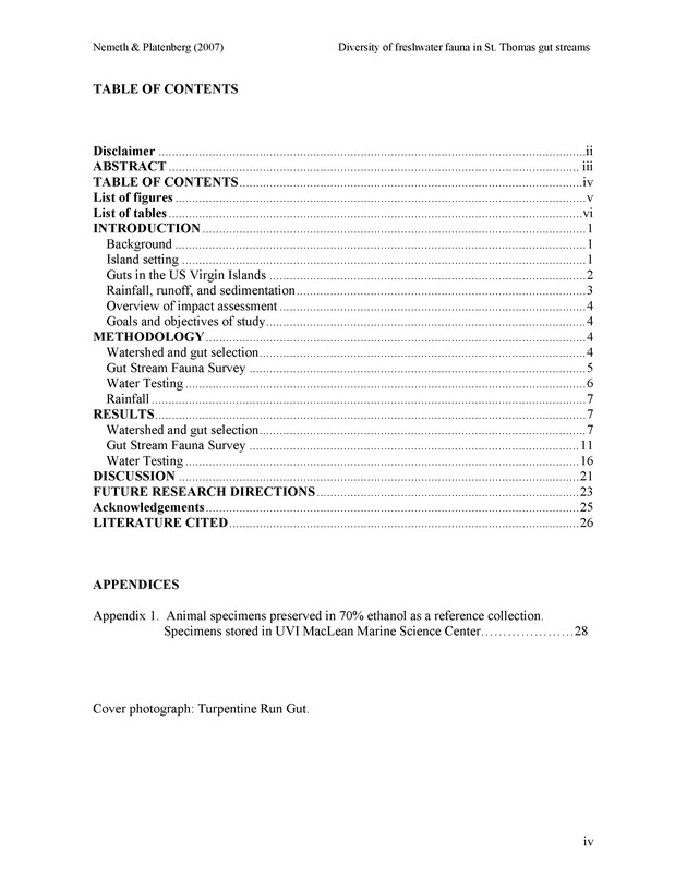 Diversity of freshwater fish and crustaceans of St. Thomas watersheds and its relationship to water quality as affected by residential and commercial development - Page iv