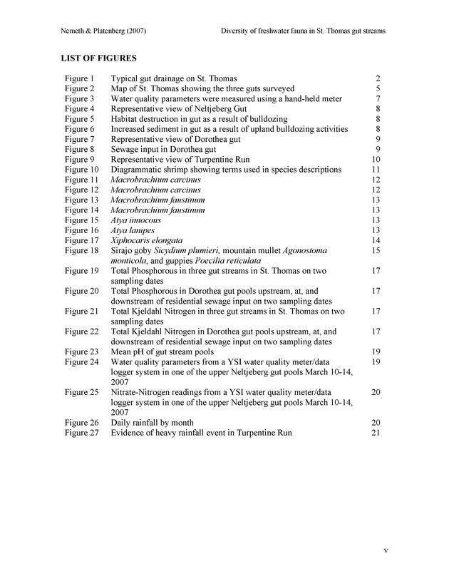 Diversity of freshwater fish and crustaceans of St. Thomas watersheds and its relationship to water quality as affected by residential and commercial development - Page v